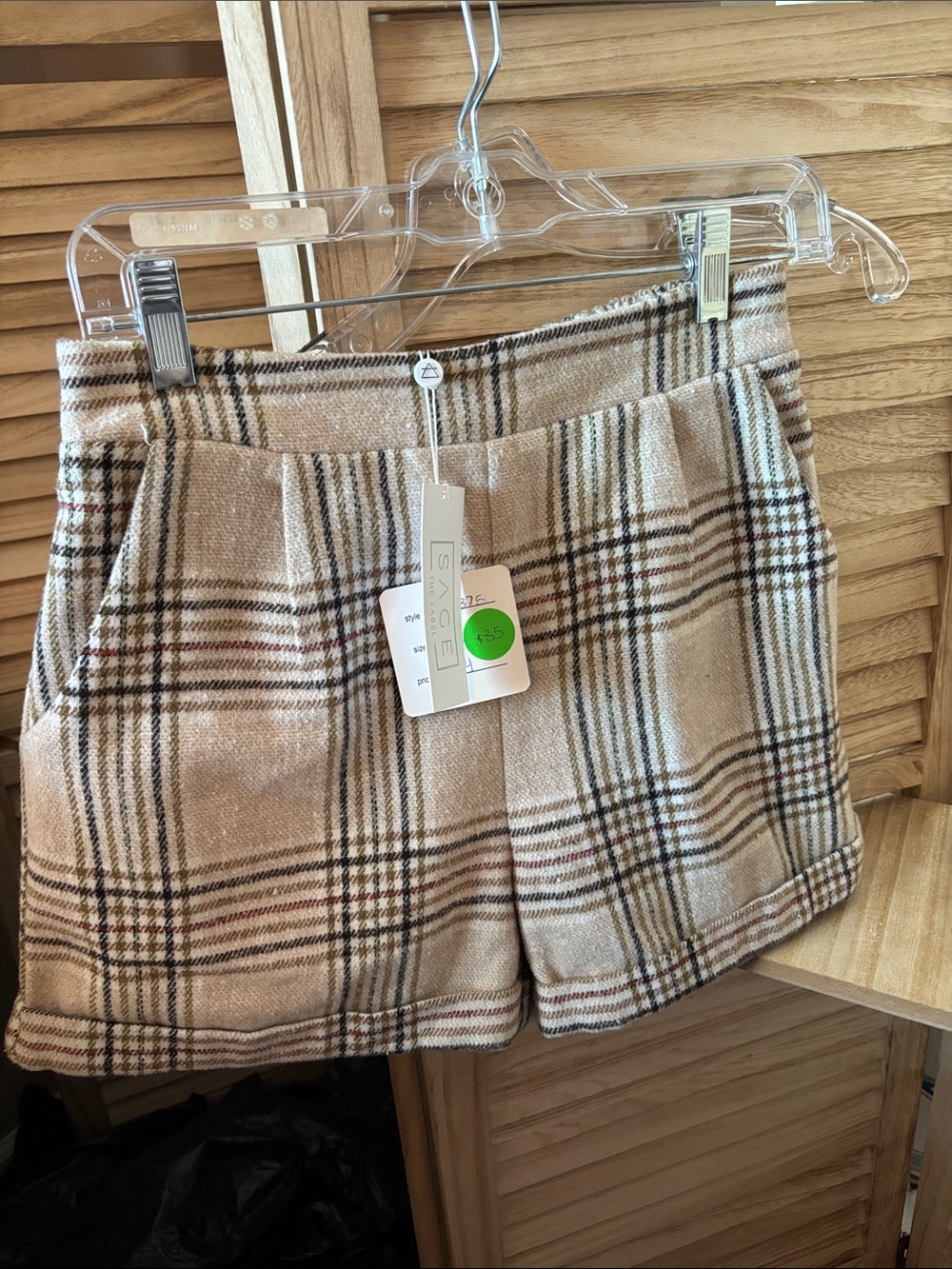 Sage Plaid High-Rise Lined Shorts in Beige and Brown Small NWT